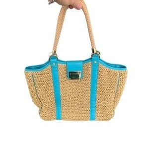 Talbots Shoulder Tote Bag Large Woven Paper Straw Turquoise Blue Leather Gold